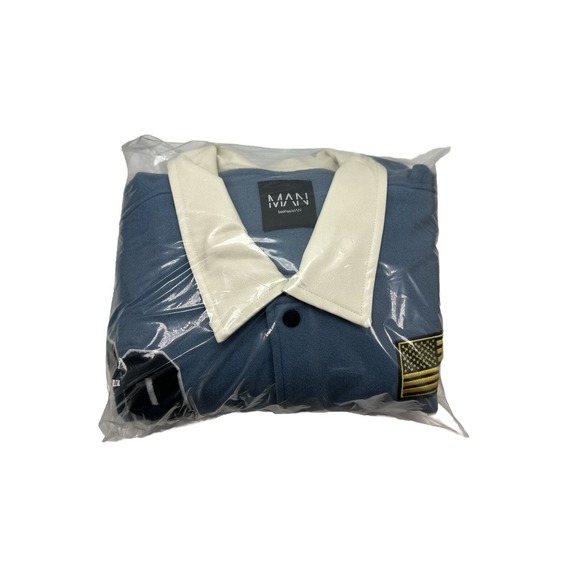 Boohoo Man Varsity Bomber Jacket Limited Edition Mens SZ-2X w/ Patches Blue NWOT - Picture 13 of 13
